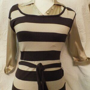 Bebe  Blouse w/ attached Vest Striped  Champagne Color Silk/Rayon Size XS Brown